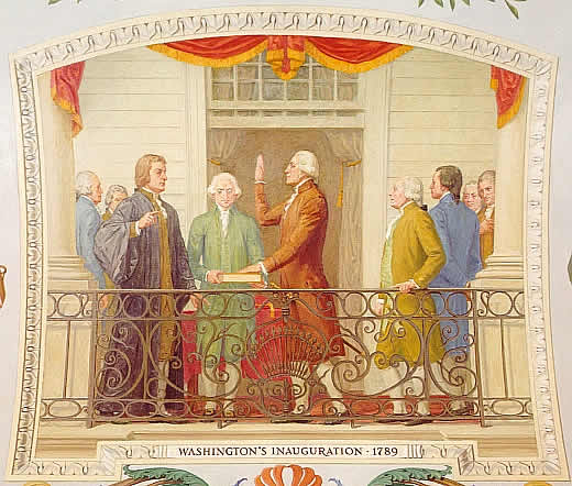Allyn Cox Oil on Canvas 1973-1974 George Washington was sworn in as the nation's first president on April 30, 1789, on the balcony of Federal Hall in New York. The mural depicts (from left to right) Robert R. Livingston, chancellor of the state of New York, administering the oath; Secretary of the Senate Samuel Otis holding the Bible; George Washington, with his hand upraised; and Vice President John Adams.