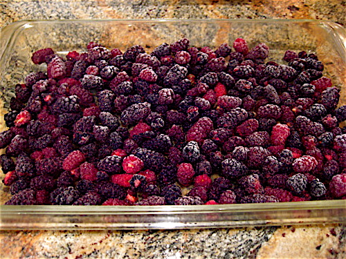 Just cover the bottom of the pan with berries.