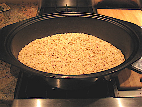 Plain oatmeal in the roasting pan. No need to grease.